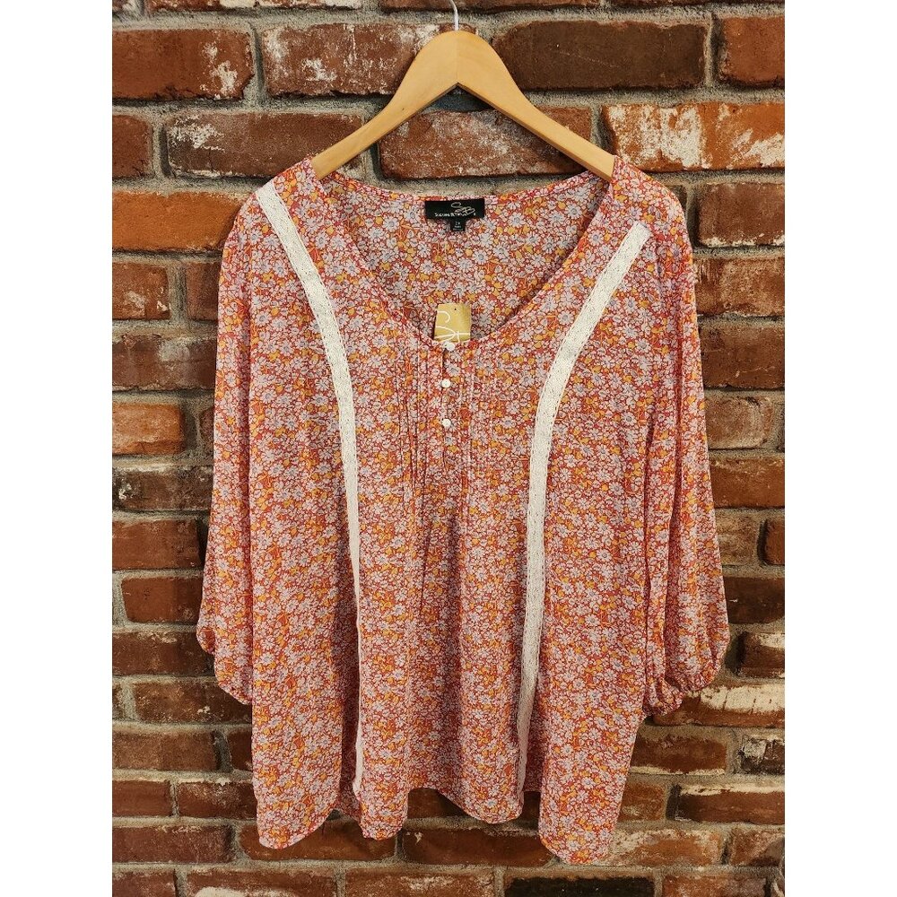 Suzanne Betro 2x Multicolored Floral Bohemian Tunic Crotchet Lace Accent